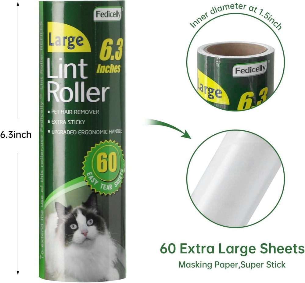 Portable Extra Sticky Lint Roller with 6.3'' Wide Surface & Long Handle