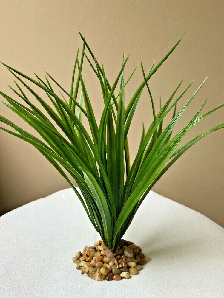 10-11" Large LIGHT Green Vanilla SWORD Grass plastic plant, stone base