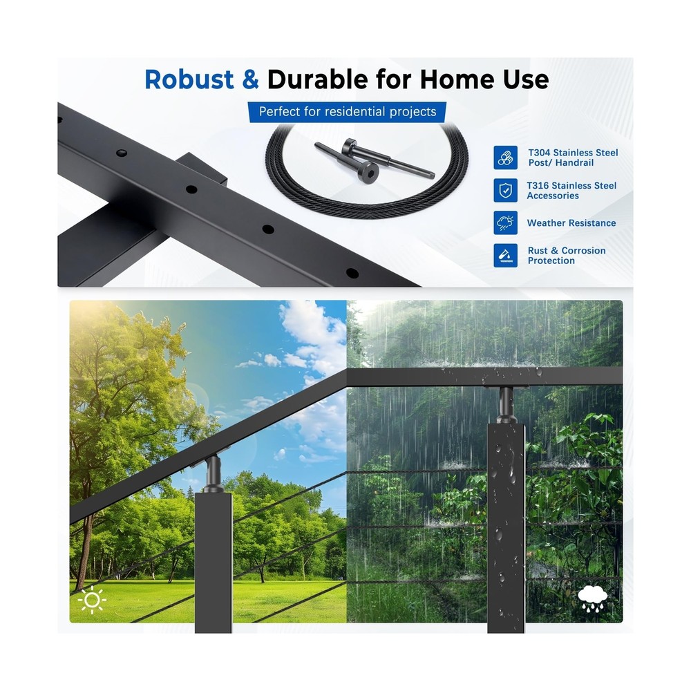 4ft-8ft Complete Set Cable Railing System 36", Black T304 Stainless Steel Ang...
