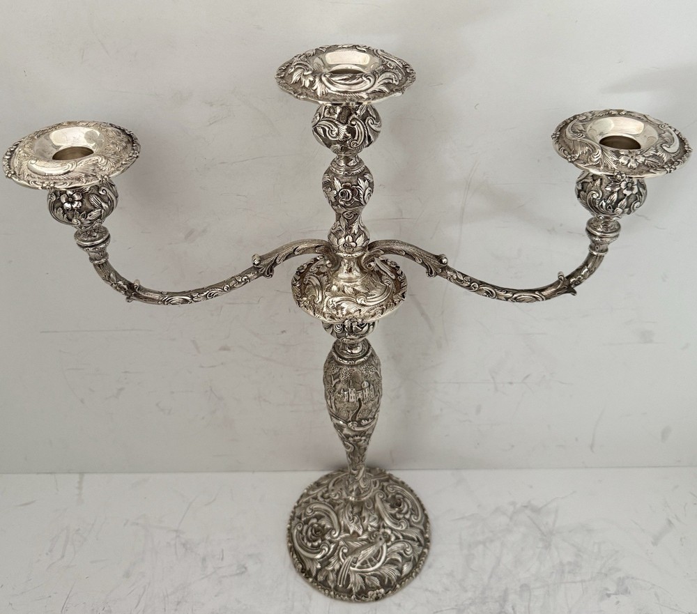 RARE 18" ARCHITECTURAL CASTLE REPOUSSE STERLING CANDLESTICKS 3 LIGHT CANDELABRA