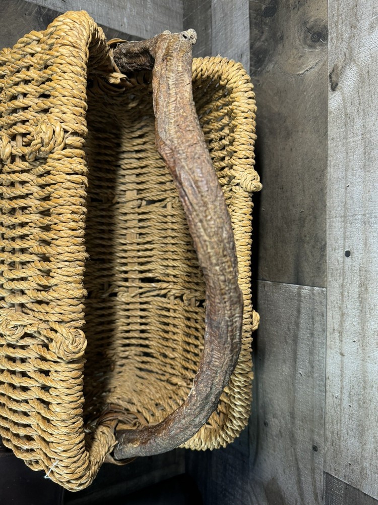 Vintage Boho Wicker Basket With Branch Handle Large UNIQUE