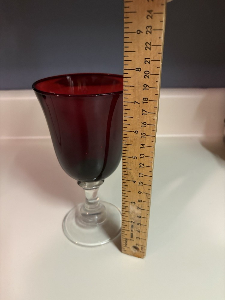 Vintage 7.25” Ruby Red with Clear Stem Wine Glasses~Replacement Piece