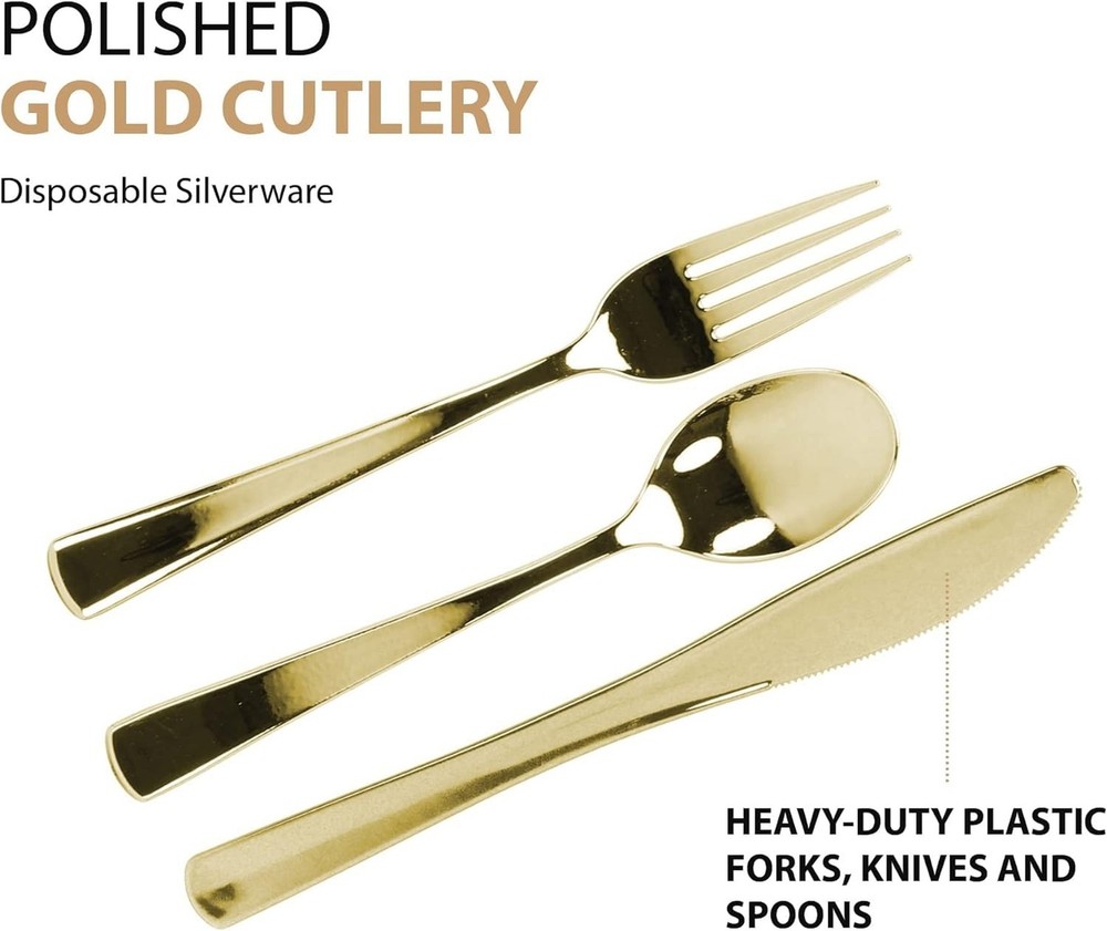 Gold Plastic Silverware Set, 160 Count, Extra Heavy Duty Flatware, Disposable...