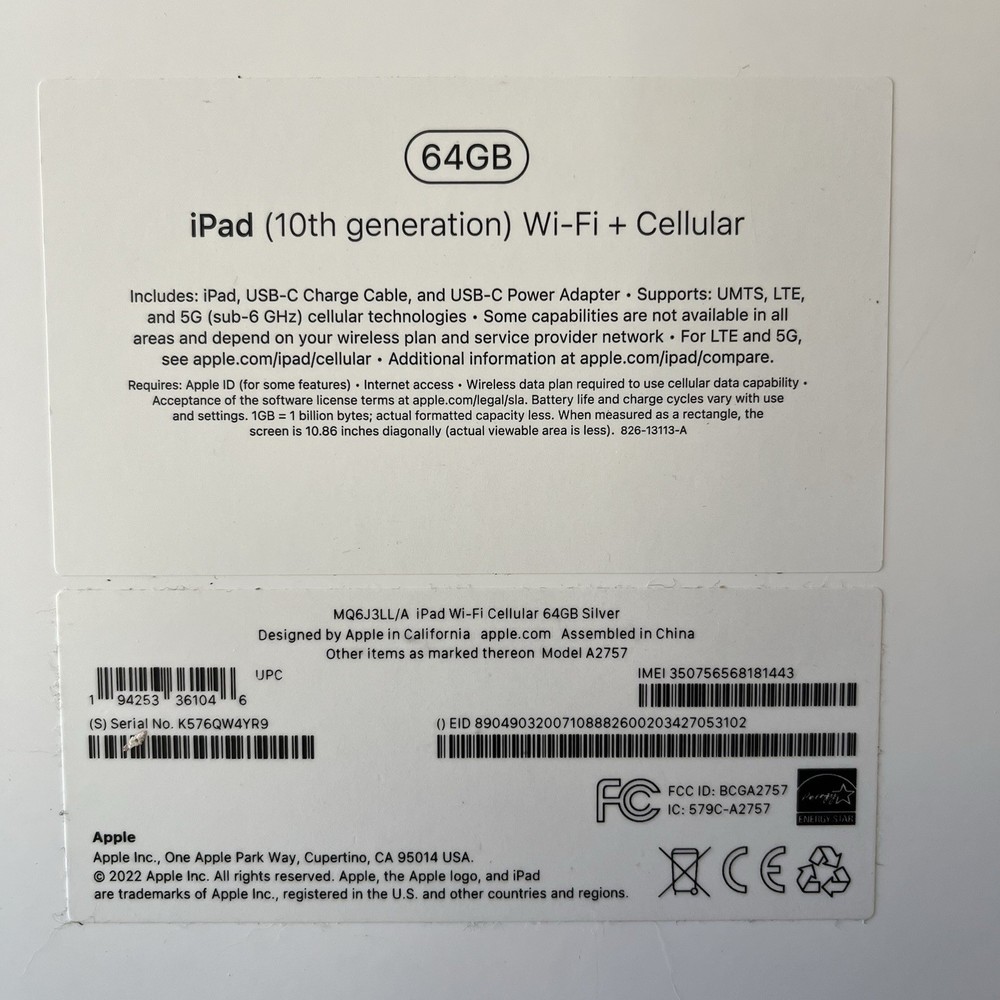 ipad (10th generation) Wi-Fi + Cellular 64 GB Silver EMPTY BOX ONLY