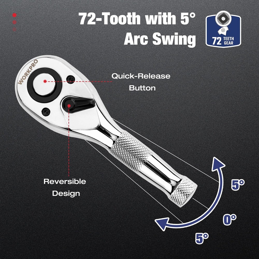 WORKPRO 3PC Stubby Ratchet Set 1/4" 3/8" 1/2" Drive Ratchet Handle Quick Release