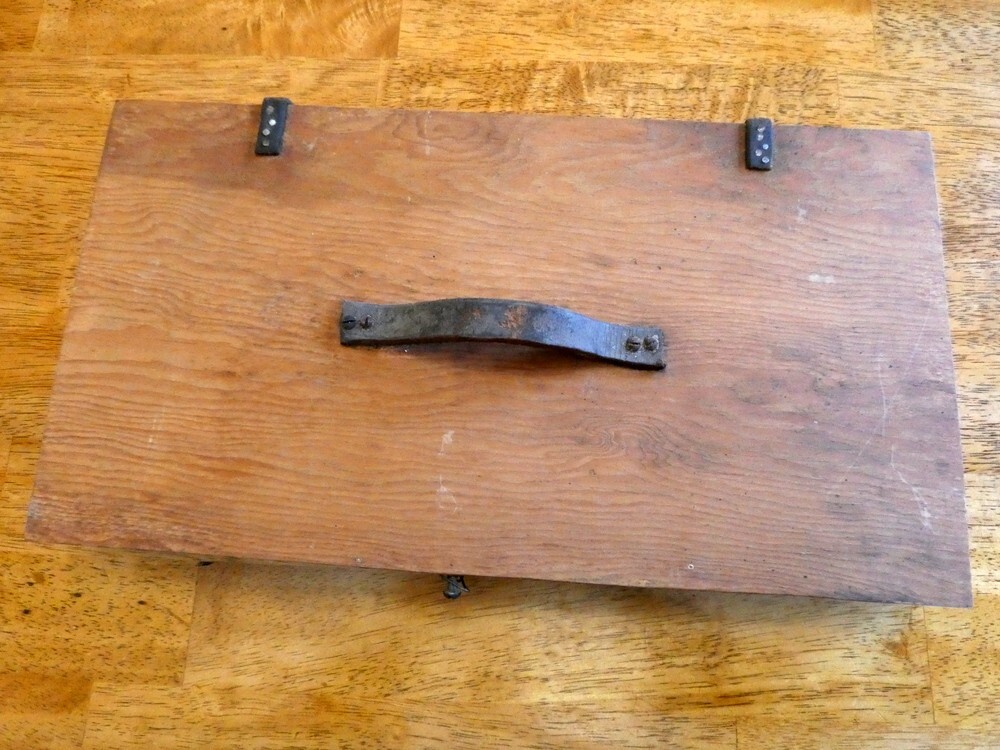 Vintage Primitive Wood Toolbox Chest with Leather Handle