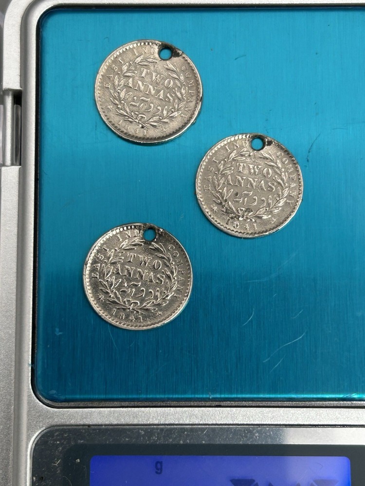 Three 1841 Silver 2 Annas Coins - Drilled