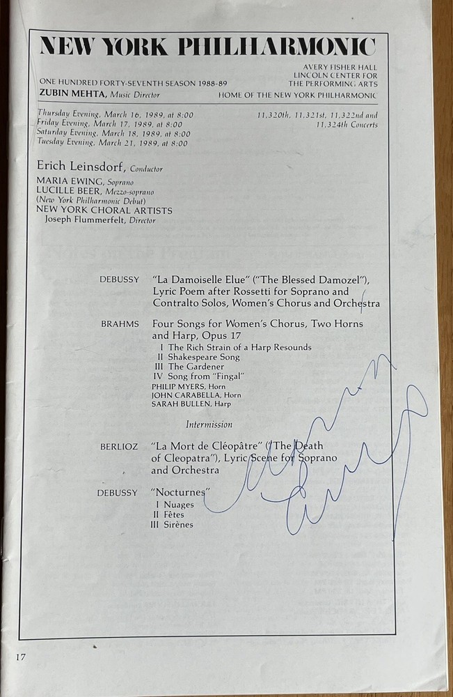 Maria Ewing Autographed Program New York Philharmonic