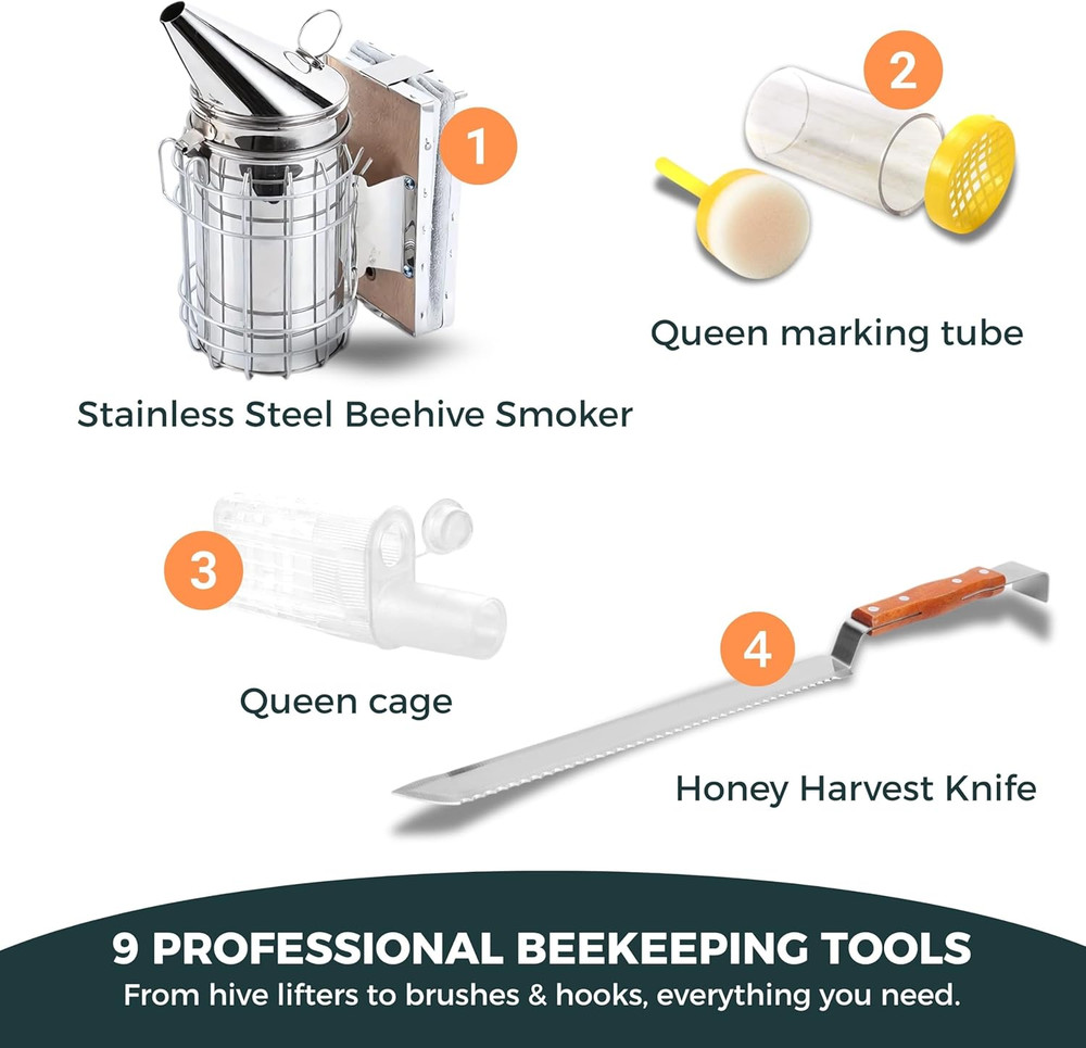 9Pc Beekeeping Starter Kit Hive Tools Smoker Queen Cage Honey Tools