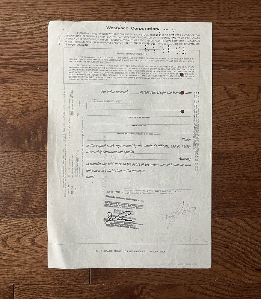 Vintage Westvaco Stock Certificate