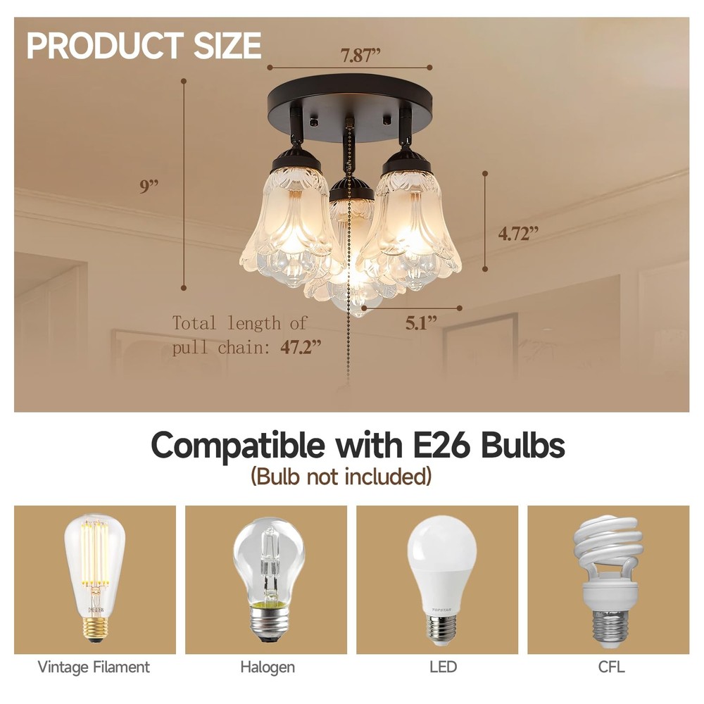 3-Light Flush Mount Ceiling Light with Pull Chain Clear and Frosted Glass Low...