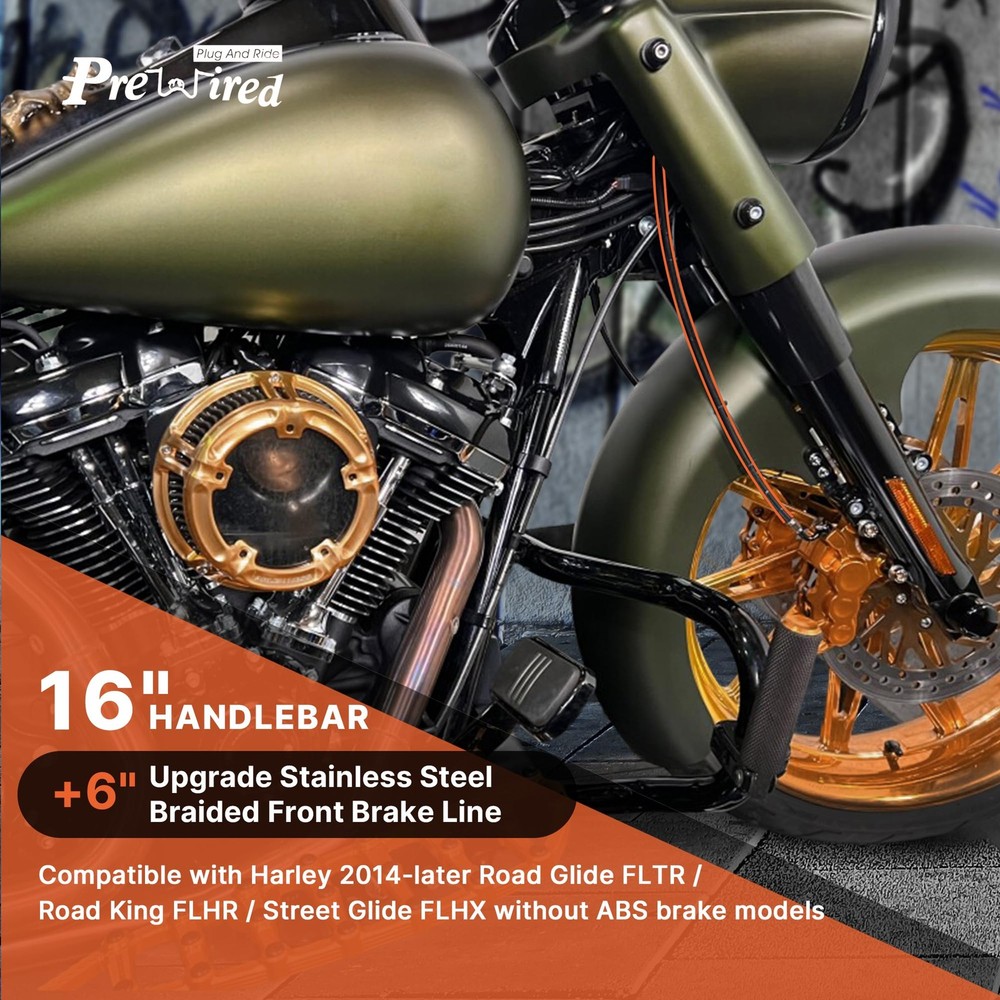 Front Brake Line 16" Handlebars Extension Cable NO ABS for +6”, Black
