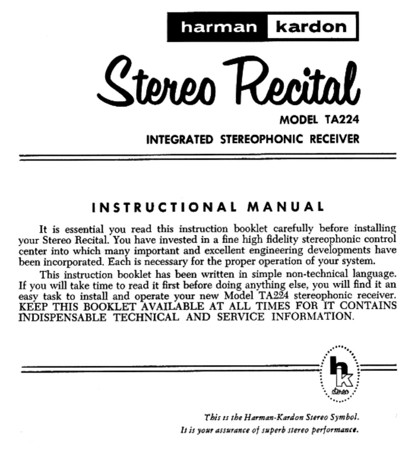 Harman Kardon TA224 Receiver Owners Manual