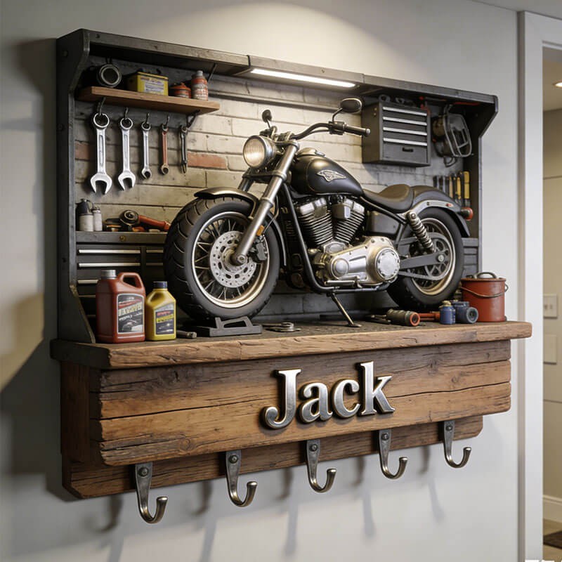 2D Motorcycle Key Holder 3D Effect, Custom Name Garage Hook Rack