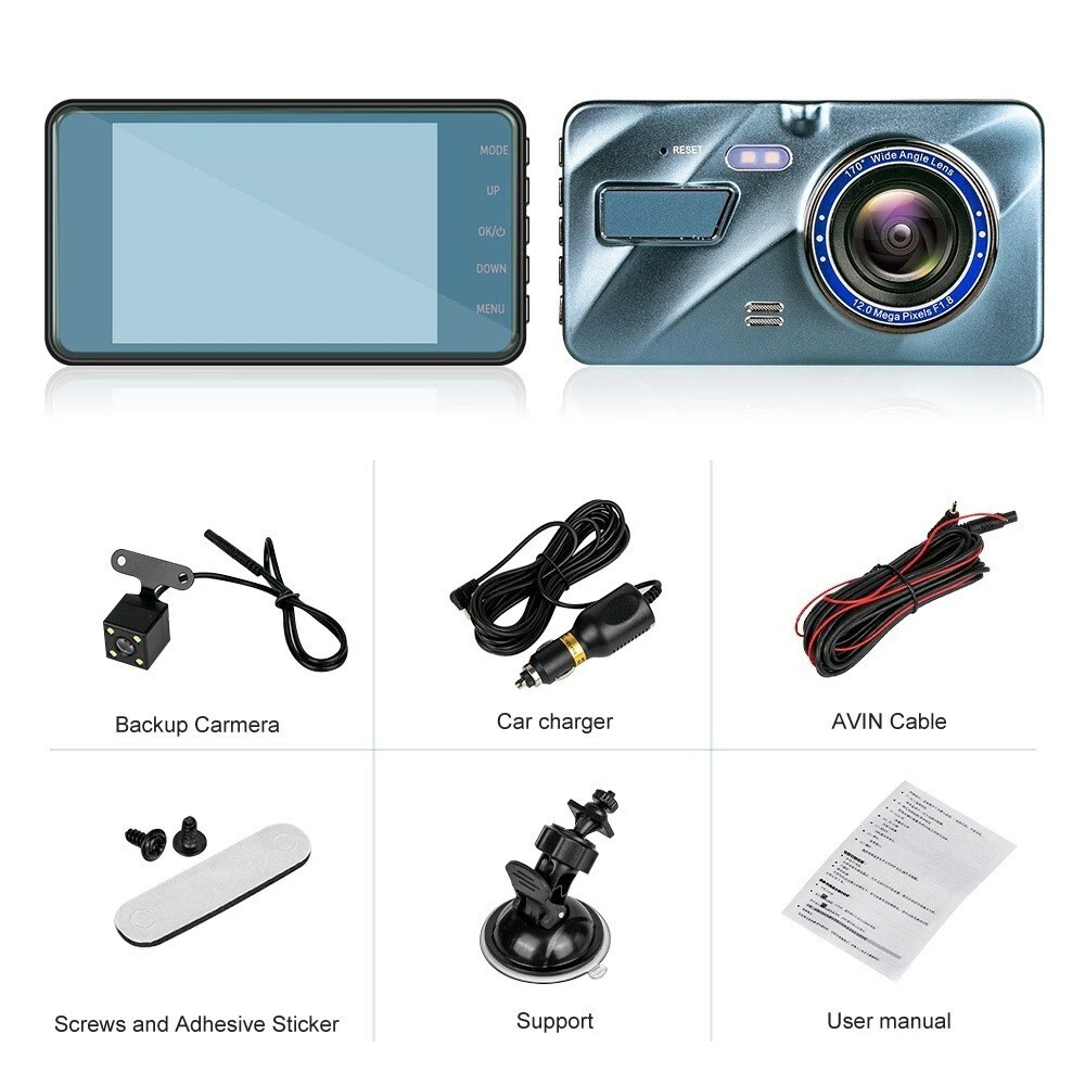 4" Screen + 2 Len Car Dash Cam 1080P Camera Video Record Wide Angle Night Vision
