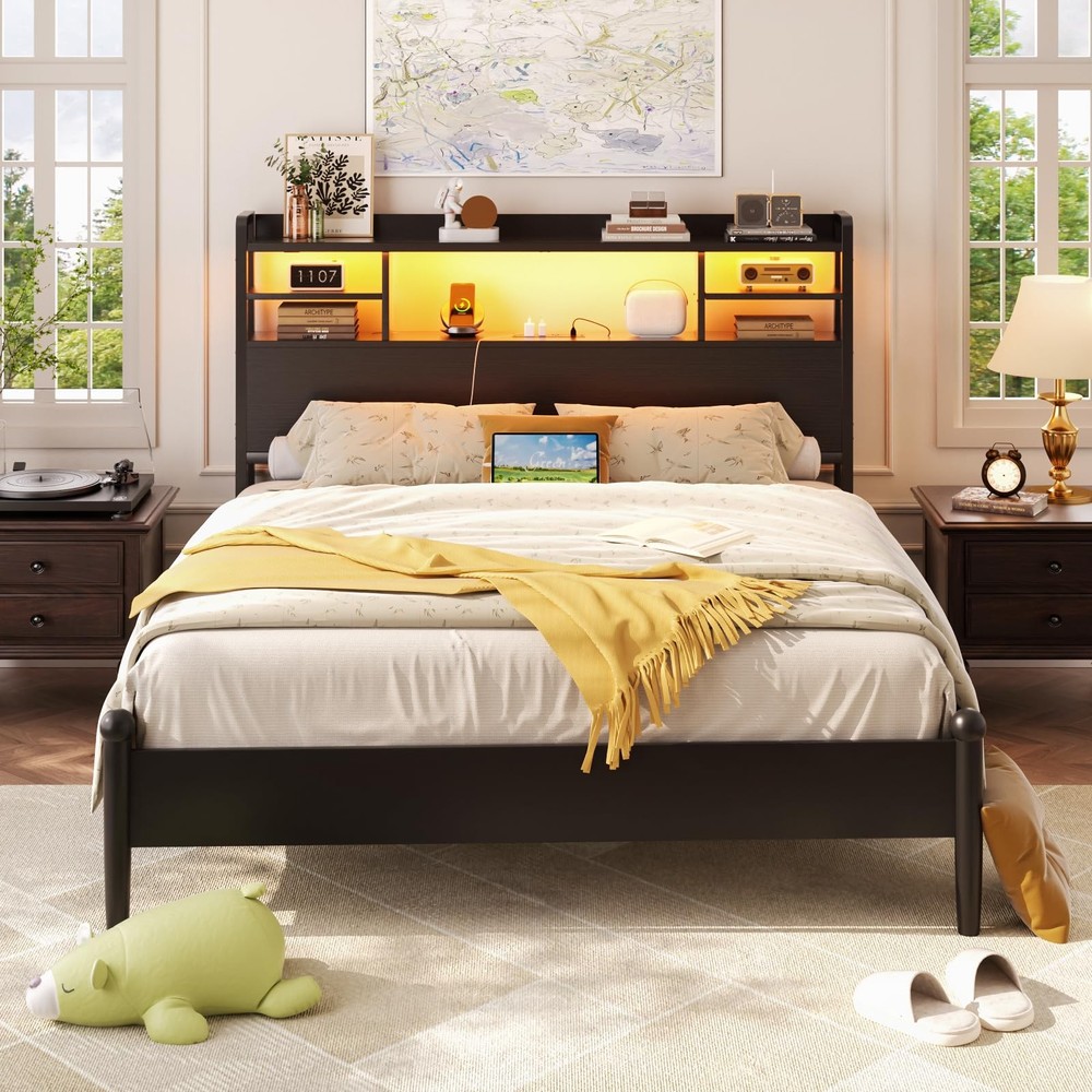 Headboard for Full Size Bed with Storage, Headboards with LED Light, Power Ou...