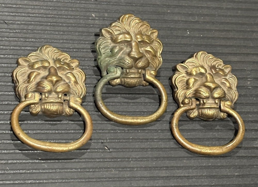 3 LION HEAD Pull Drawer Pull  Antique VTG Brass  2” Tall Handle