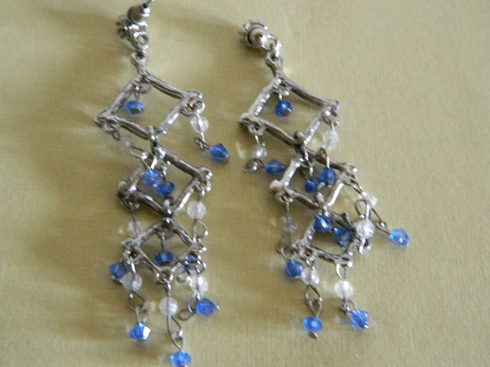 Long Dangly Silvertone & Blue Bead & Rhinestone Pierced Earrings