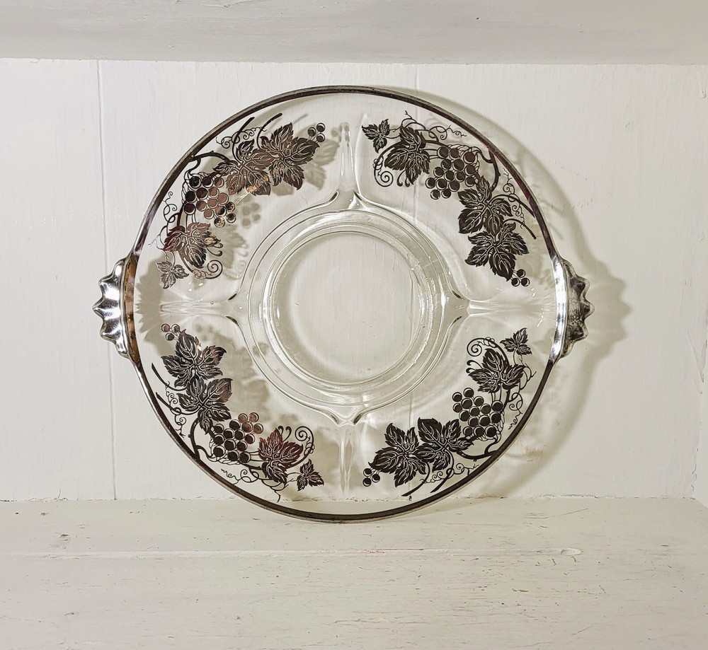 Vintage 1940s Serving Platter with Sterling Silver Grapevine Design Application