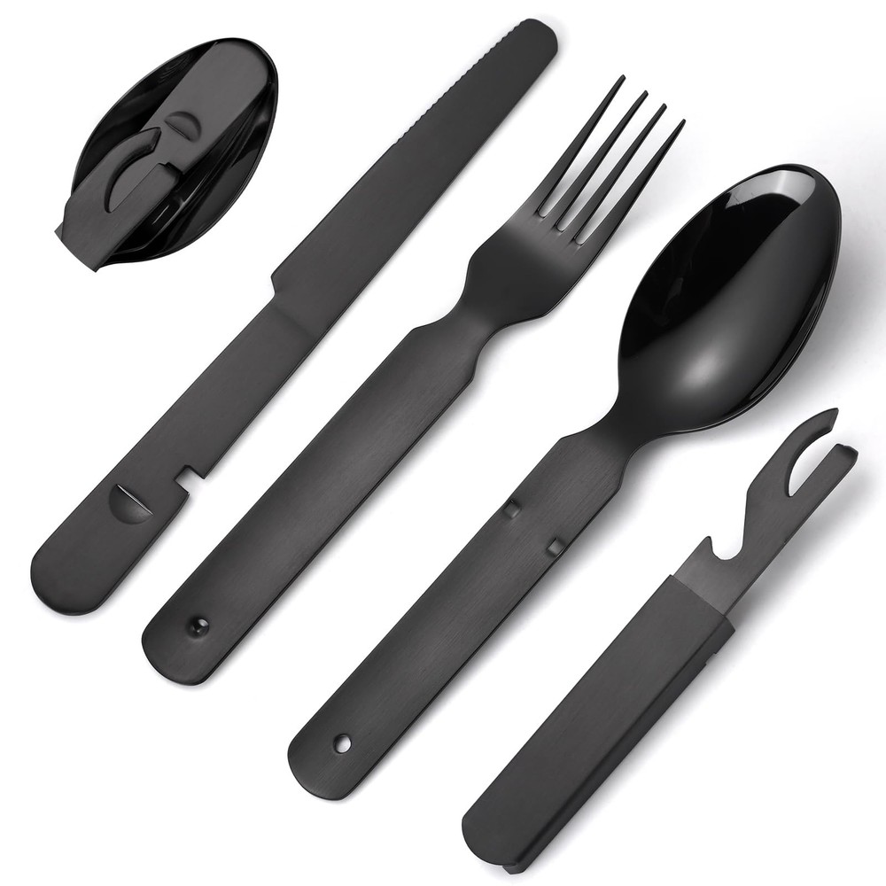 A · HOUSEWARE Portable Silverware Black Flatware Camping Cutlery Stainless St...