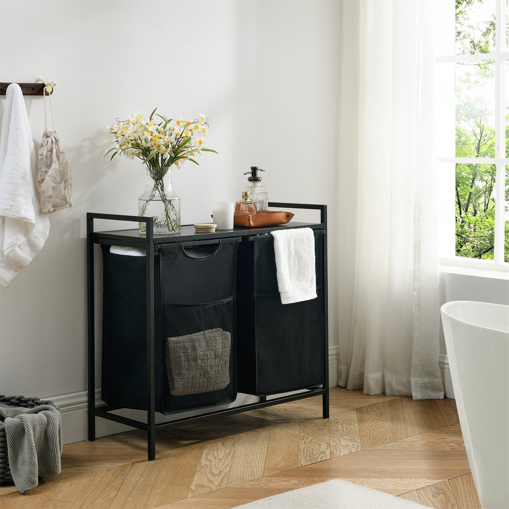 Hmorey Laundry Hamper Basket Sorter with Shelf and 2 Pull-Out and Removable Bags
