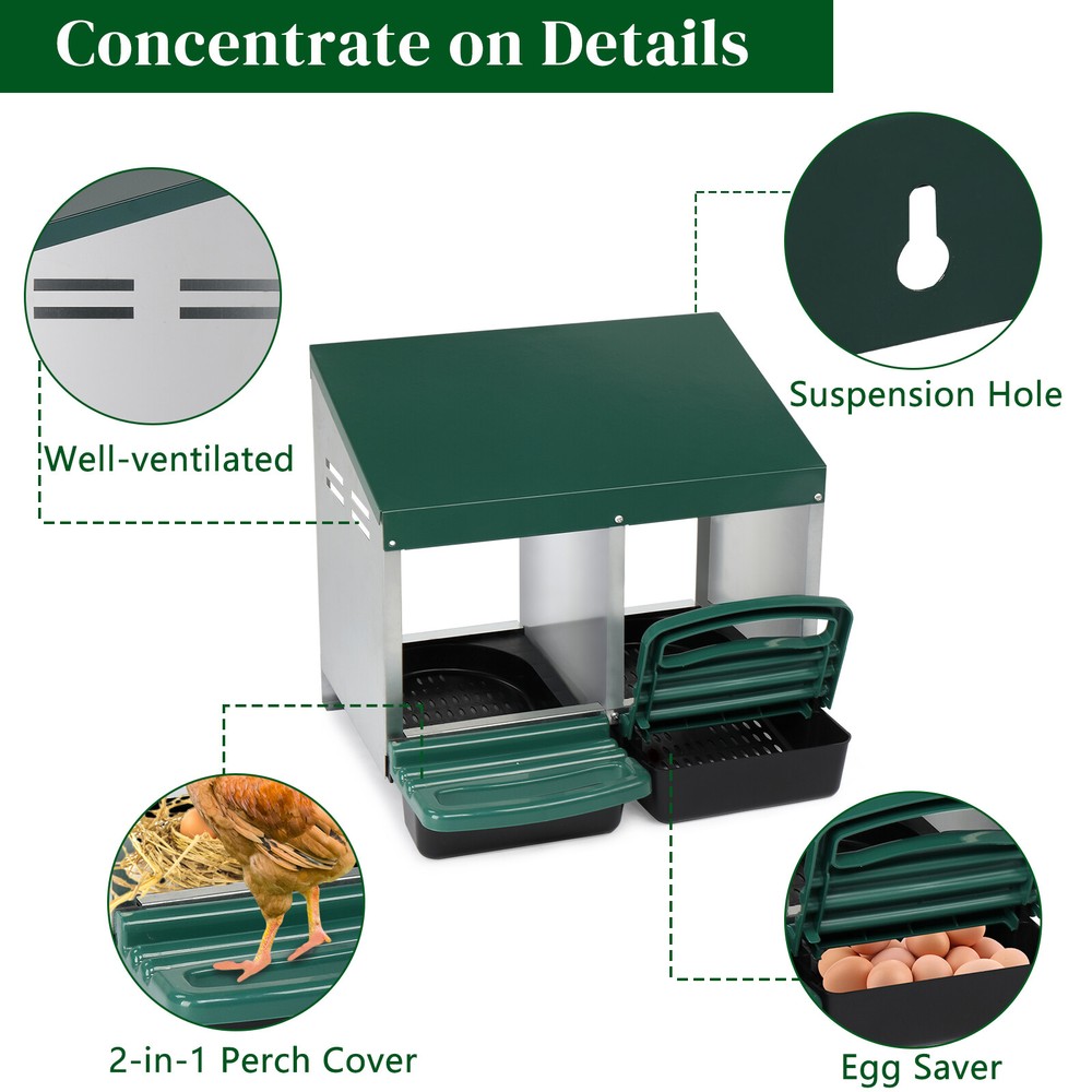 2 Compartment Roll Out Chicken Nesting Box W/ Plastic Basket Egg Nest Box Green