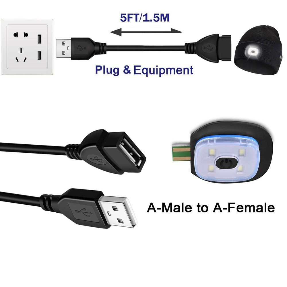 5FT Charger Cable for Etsfmoa LED Beanie Hat with Light, Micro USB, Black
