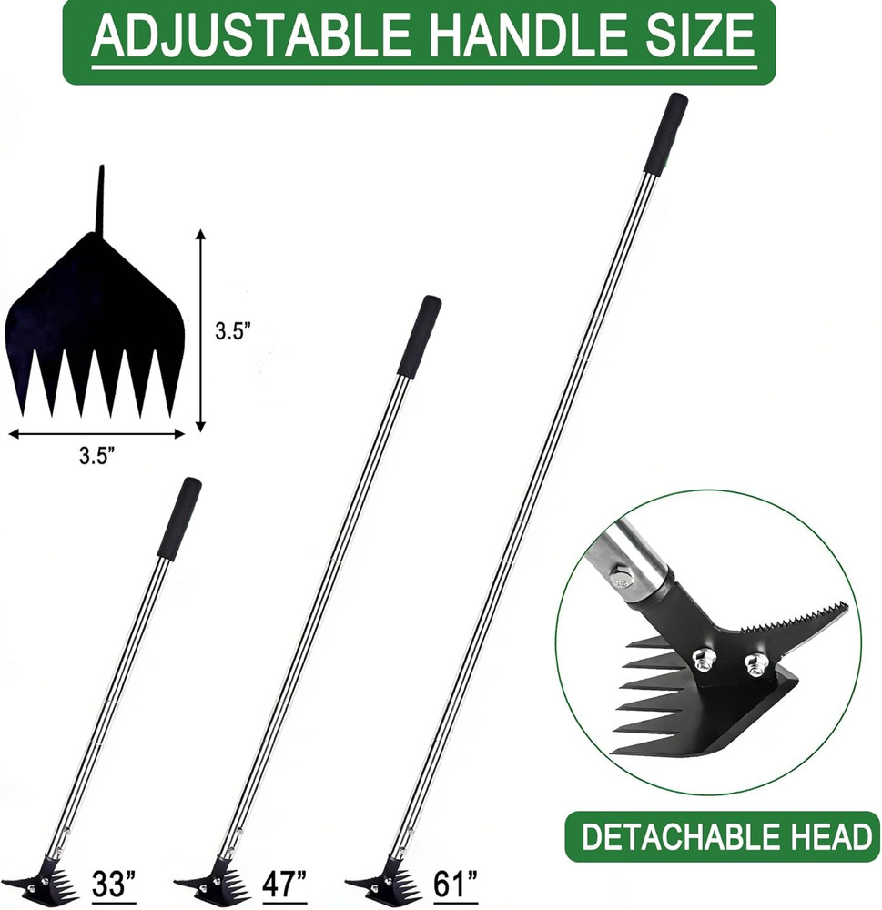 Weed Puller 61" Adjustable Long Handle, 2-In-1 Weed Rake & Crack Weeder with Det