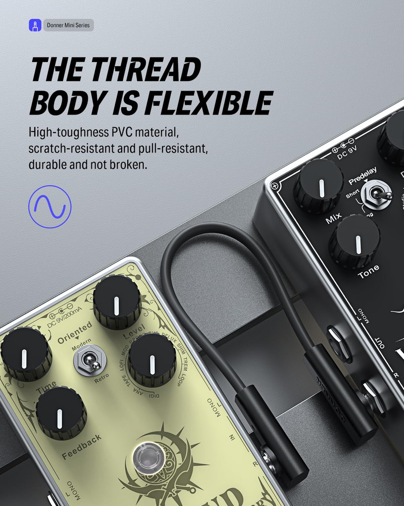 Flat Patch Cables for Guitar Effects Pedals, 6-Inch Right Angle, 6-Pack