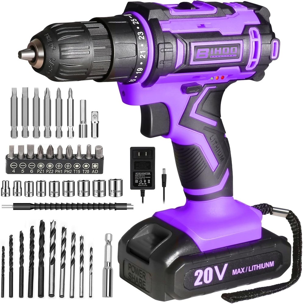 Cordless Drill Set 20V Power Drill Driver with Bits LED Light Safety