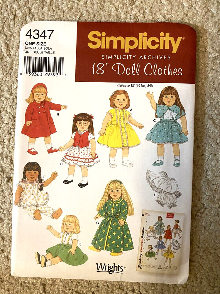 Simplicity Archives 18" Doll Clothes Pattern #4347 New Uncut