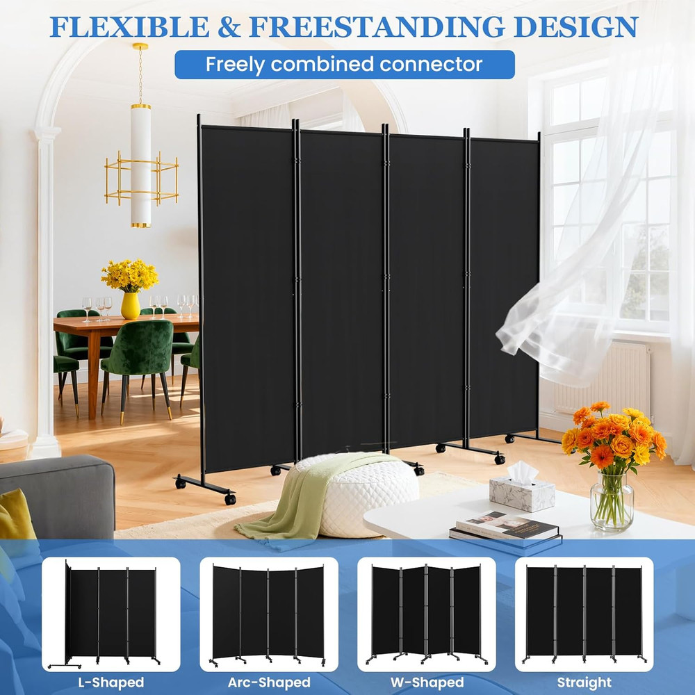 6FT Folding Room Divider with Lockable Wheels - 4 Panel Privacy Screen Black
