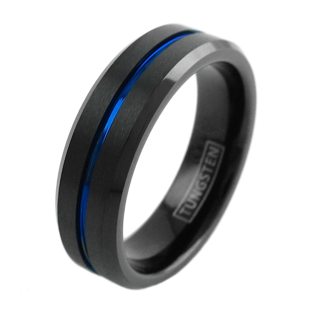 Personalized Engraved Black Tungsten Brushed Thin Blue Line Wedding Band Ring