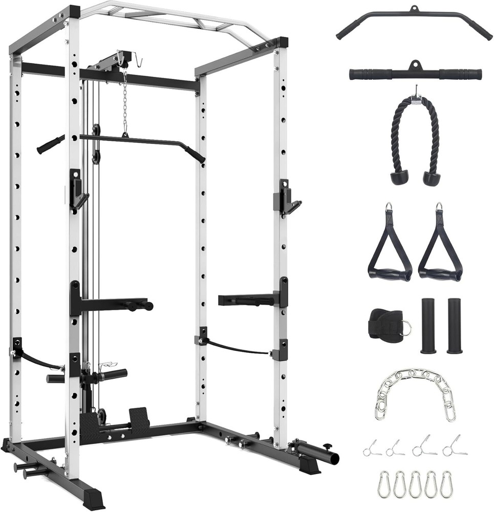 🔥🔥Power Cage Multi-Functional Power Rack with Cable Pulley System and J-Hooks
