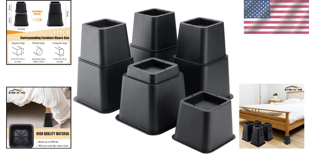 8-Inch Stackable Furniture Risers - 4-Pack for Under-Bed Storage & Organization