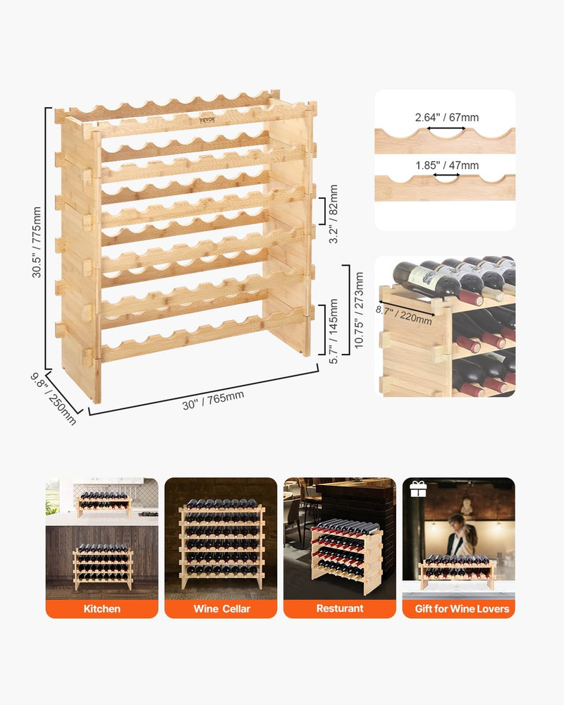 6-Tier 48 Bottles Stackable Modular Wine Rack, Freestanding Wines Holder Display