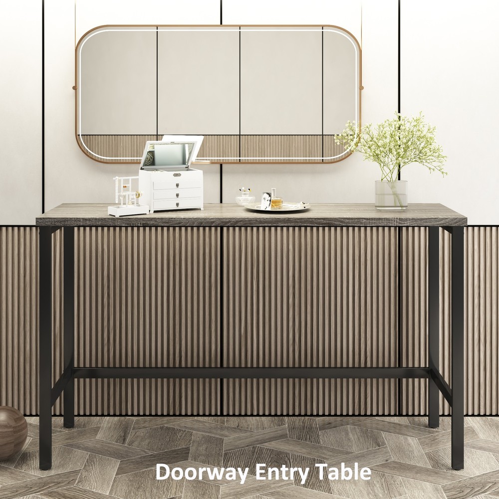 Three-piece set, long dining table with counter height and three stools, grey