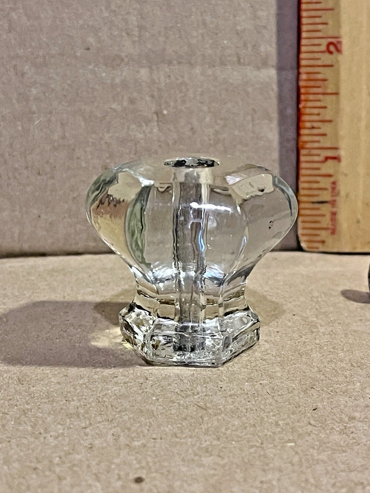 Vintage Glass Drawer Pull, 6 side Hexagon, Clear Glass, Rounded Outside End