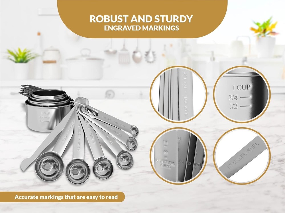 Stainless Steel Measuring Cups and Spoons Set 12 Piece Stackable Baking & Cookin
