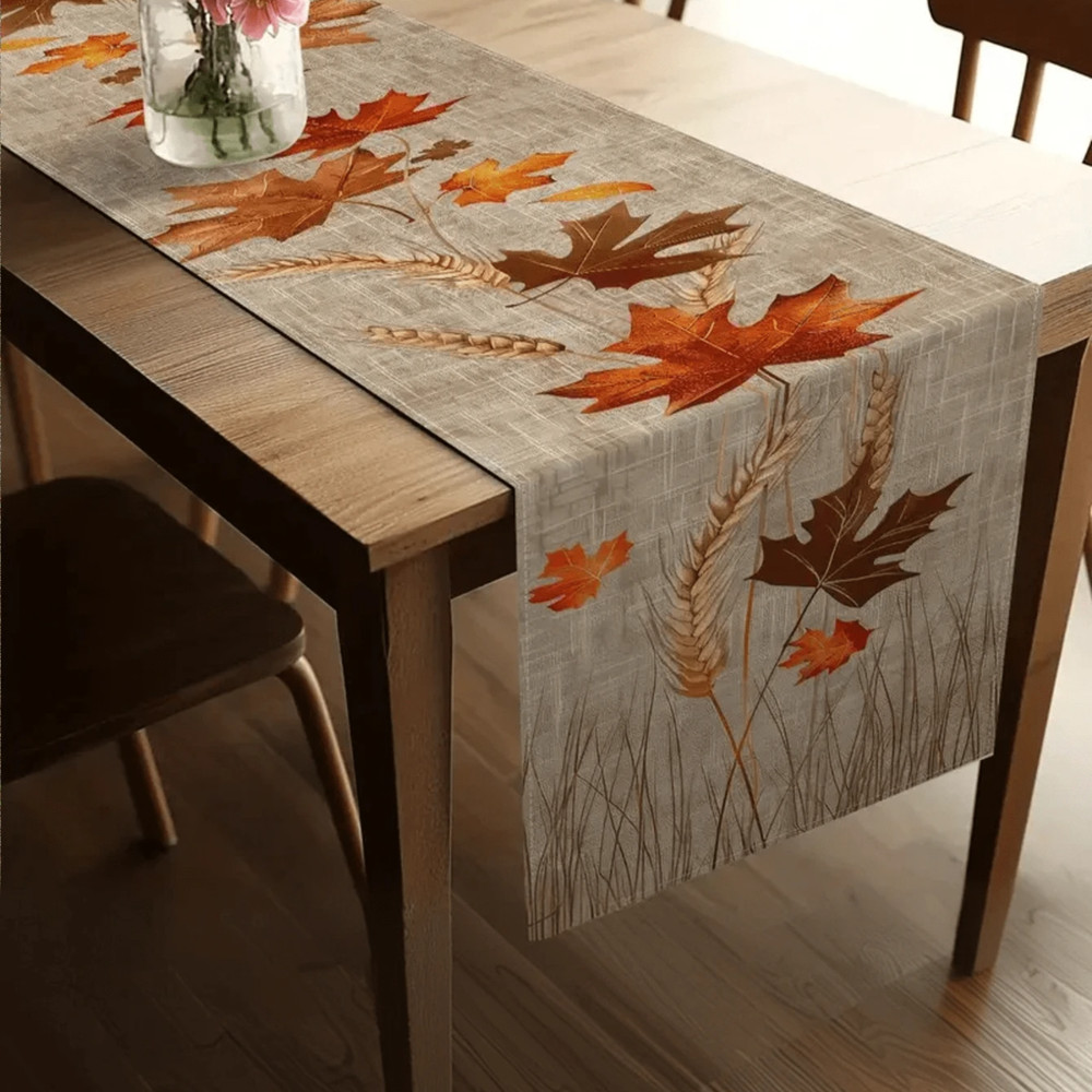Fall Decor Table Runner Autumn Pumpkin Bird Leaf Pattern TableclothThanksgiving