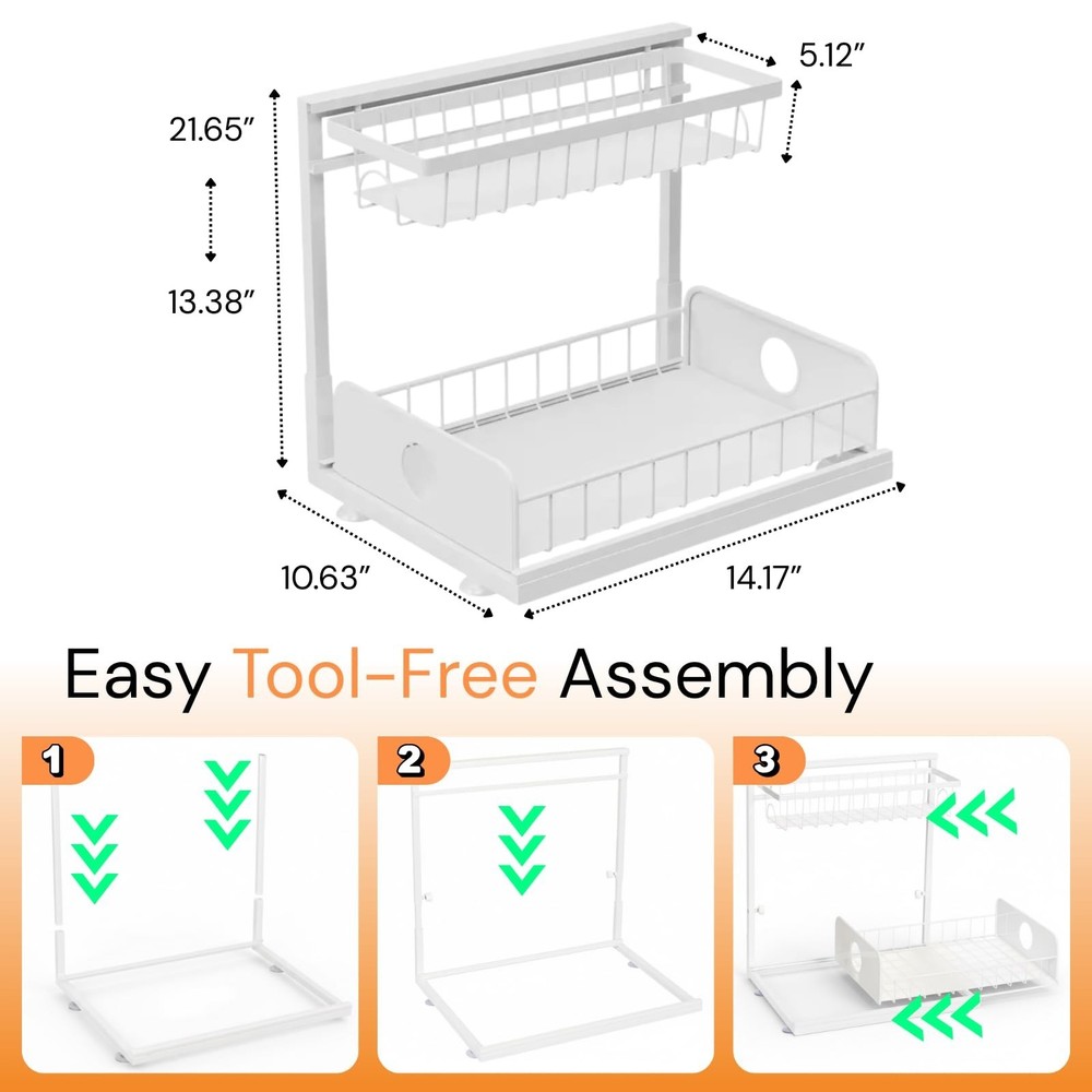 Under Sink Organizer, 1 Pack, 2 Tier Pull Out Sliding Shelf, Adjustable Heigh...