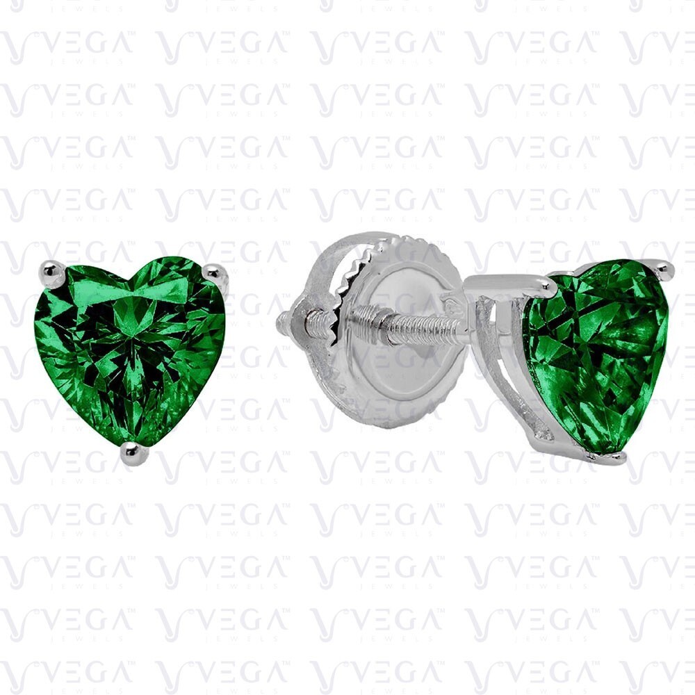 4.00Ct Heart Shape Natural Emerald Solitaire Stud Earring 14K Solid White Gold
