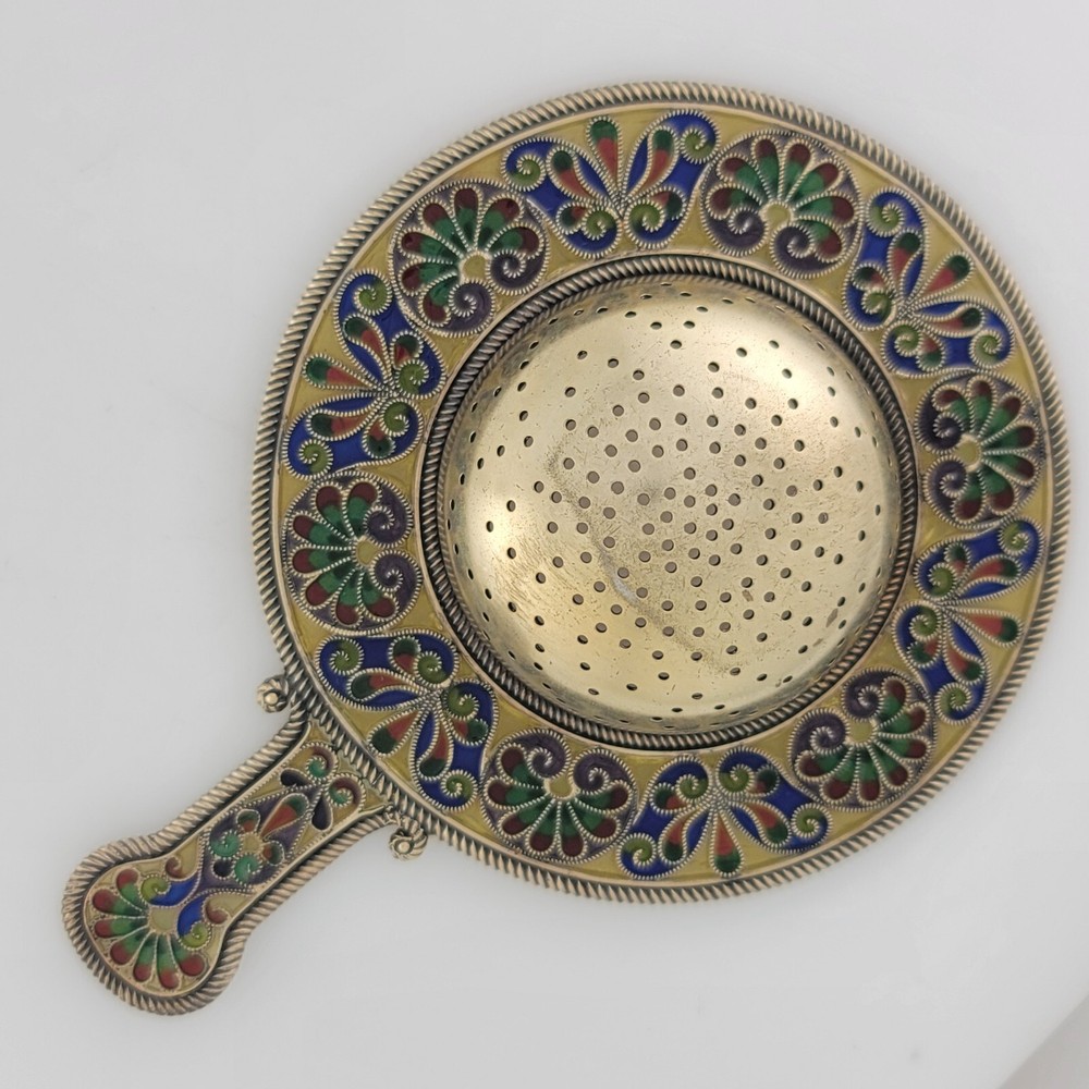 Silver & Plique A Jour Enamel Tea Strainer multi-colored stained glass patterns