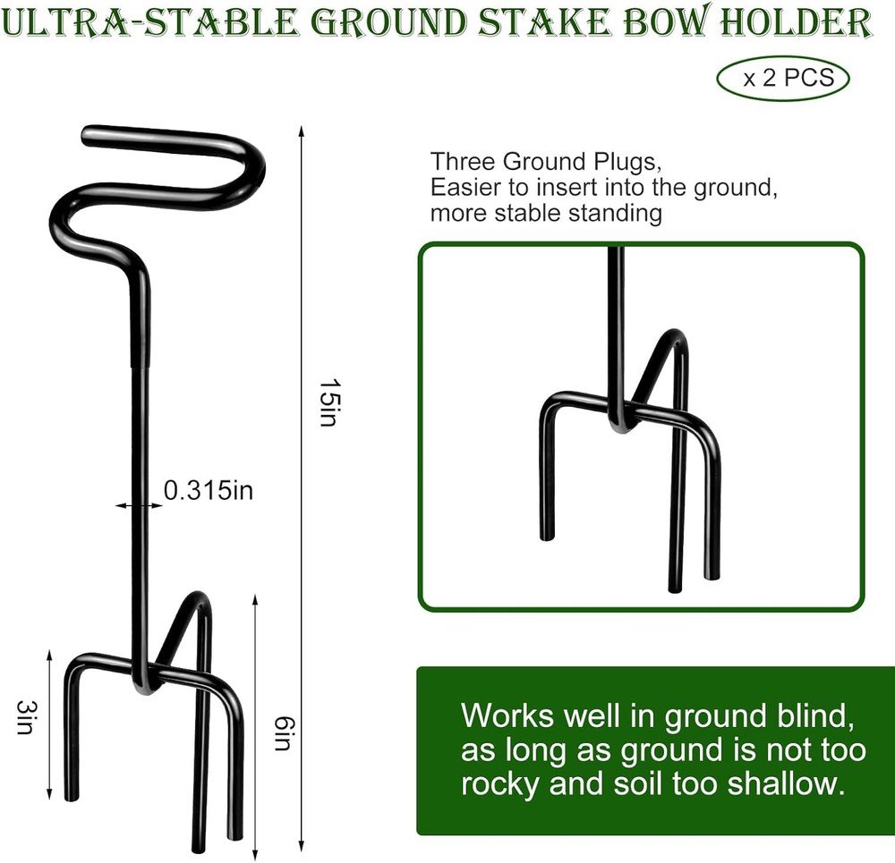 2 Pack Ground Blind Bow Holder with Rubber Coated, Rustproof Hunting Black