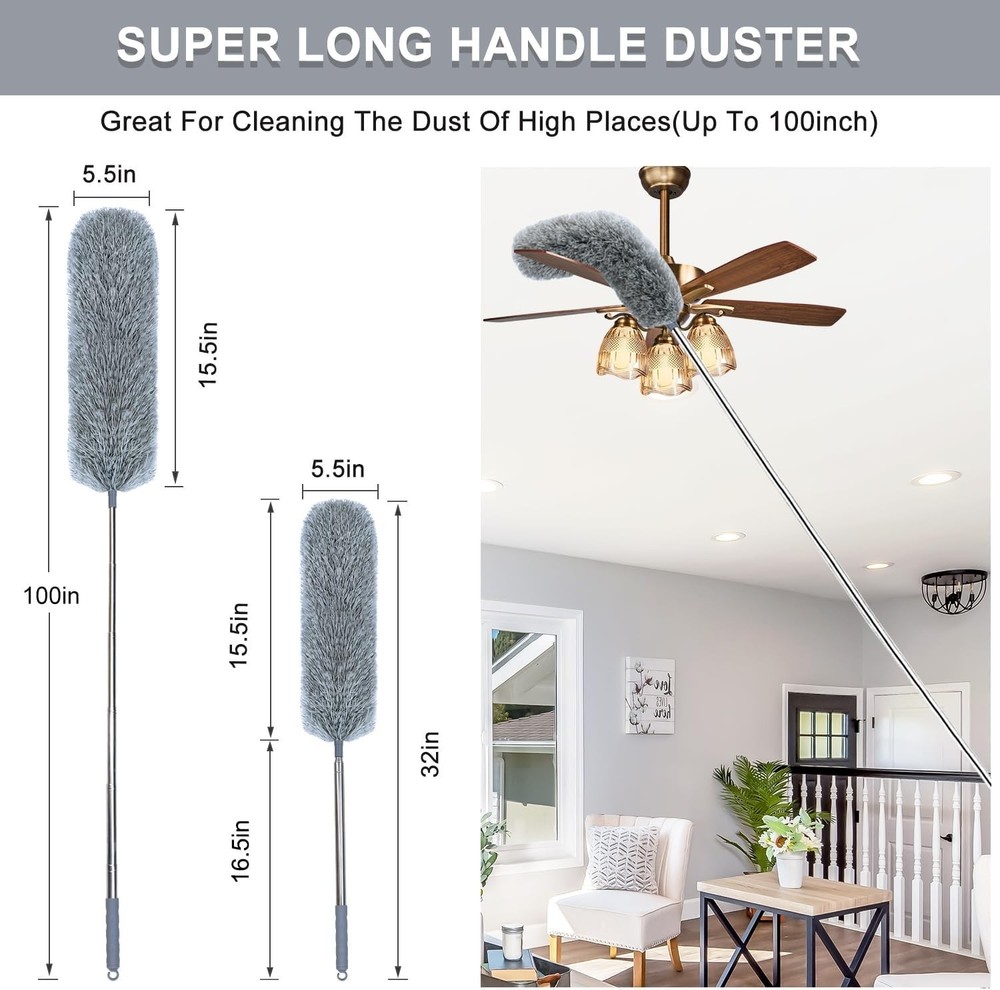 Microfiber Feather Duster with Extendable Pole, 100-Inch Extra-Long Dusters Tele