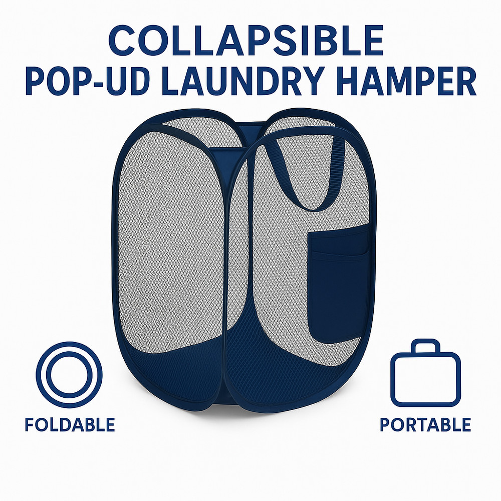 2 Pack Pop Up Laundry Hamper – Foldable Mesh Basket with Pocket, Blue, Portable