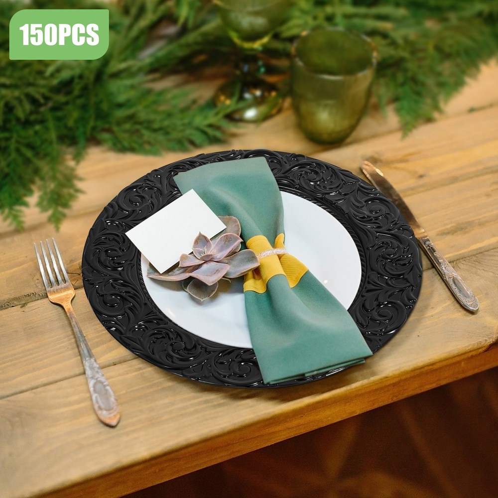 150 Black Plastic Plates Set - Disposable Dinner Plates Bulk Pack for Par