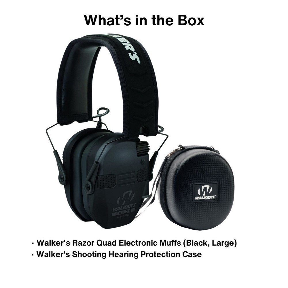 Walkers Razor Quad Electronic Black and Large Muffs with Protection Case Bundle
