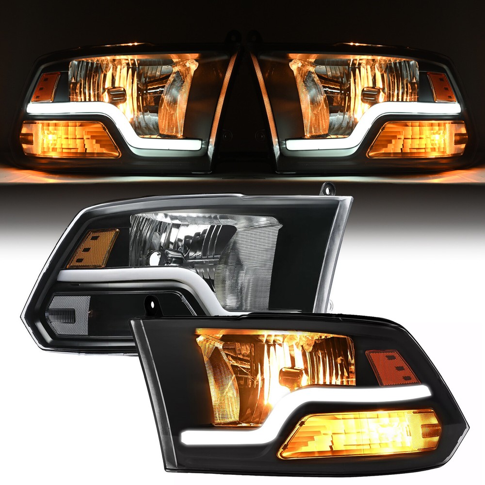 For 09-18 Dodge Ram 1500 2500 3500 Pair Headlights Black Sequential LED DRL