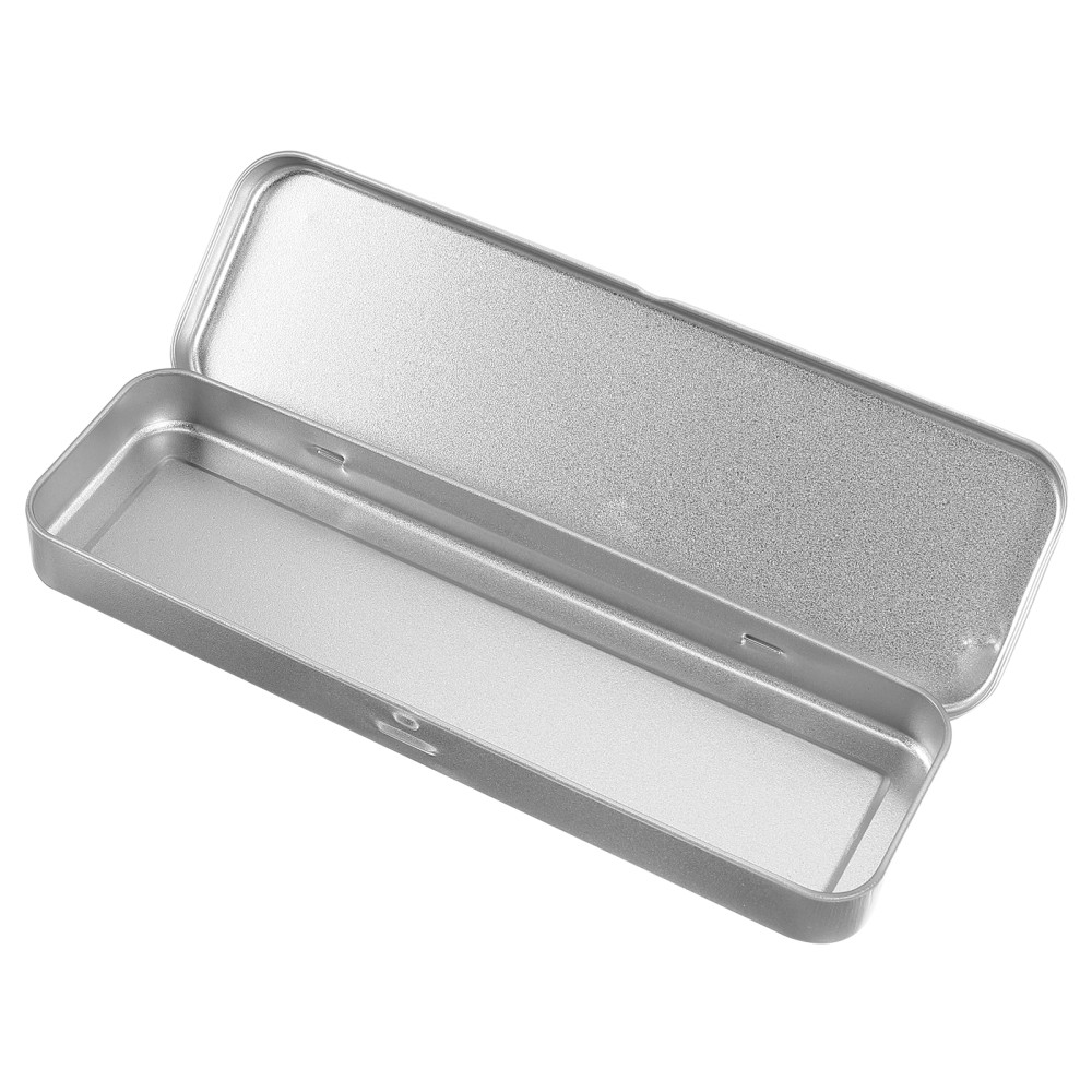 Pencil Case Rectangular Hinged Tin Box Silver Pens Office for Kids